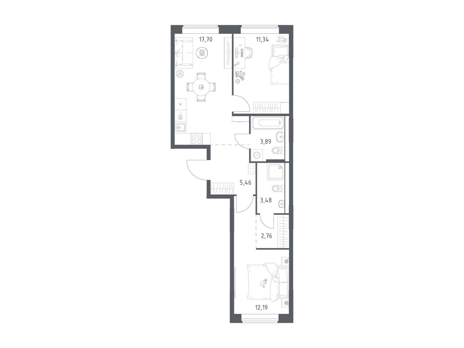 Планировка: 2-комн. квартира 56.82 м² в новостройке Большое Юрлово
