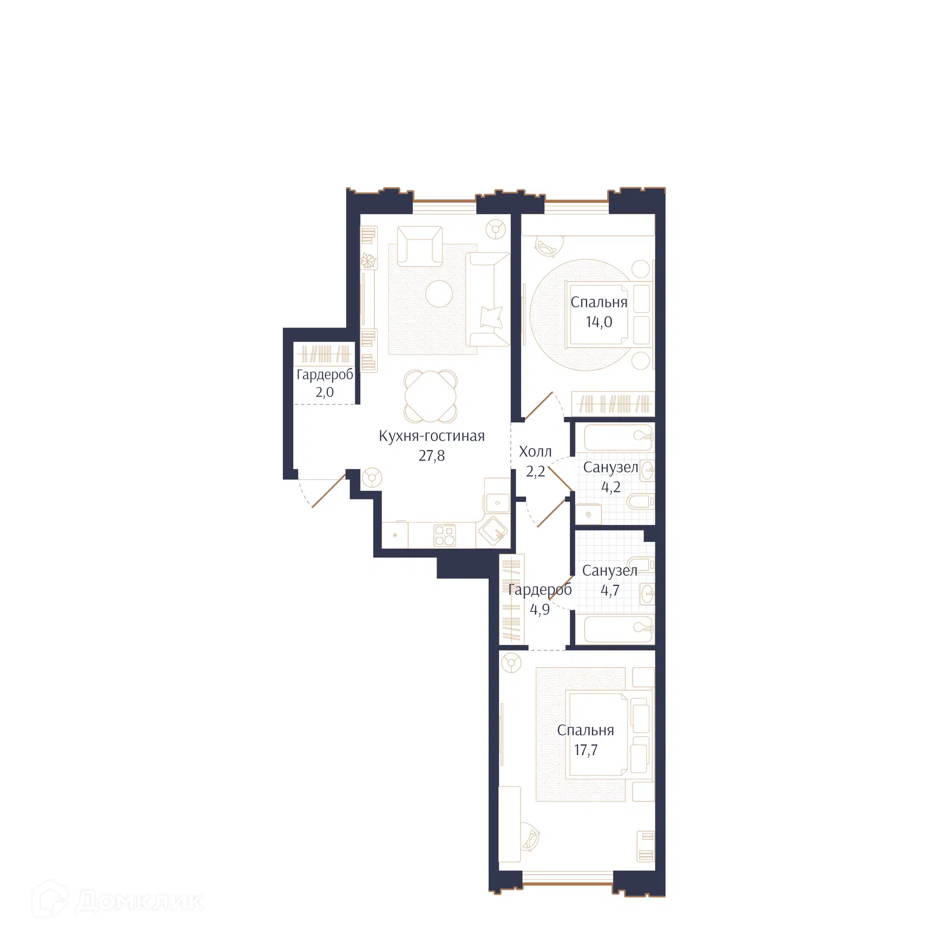 Планировка: 2-комн. квартира 77.50 м² в новостройке Брют Резиденс