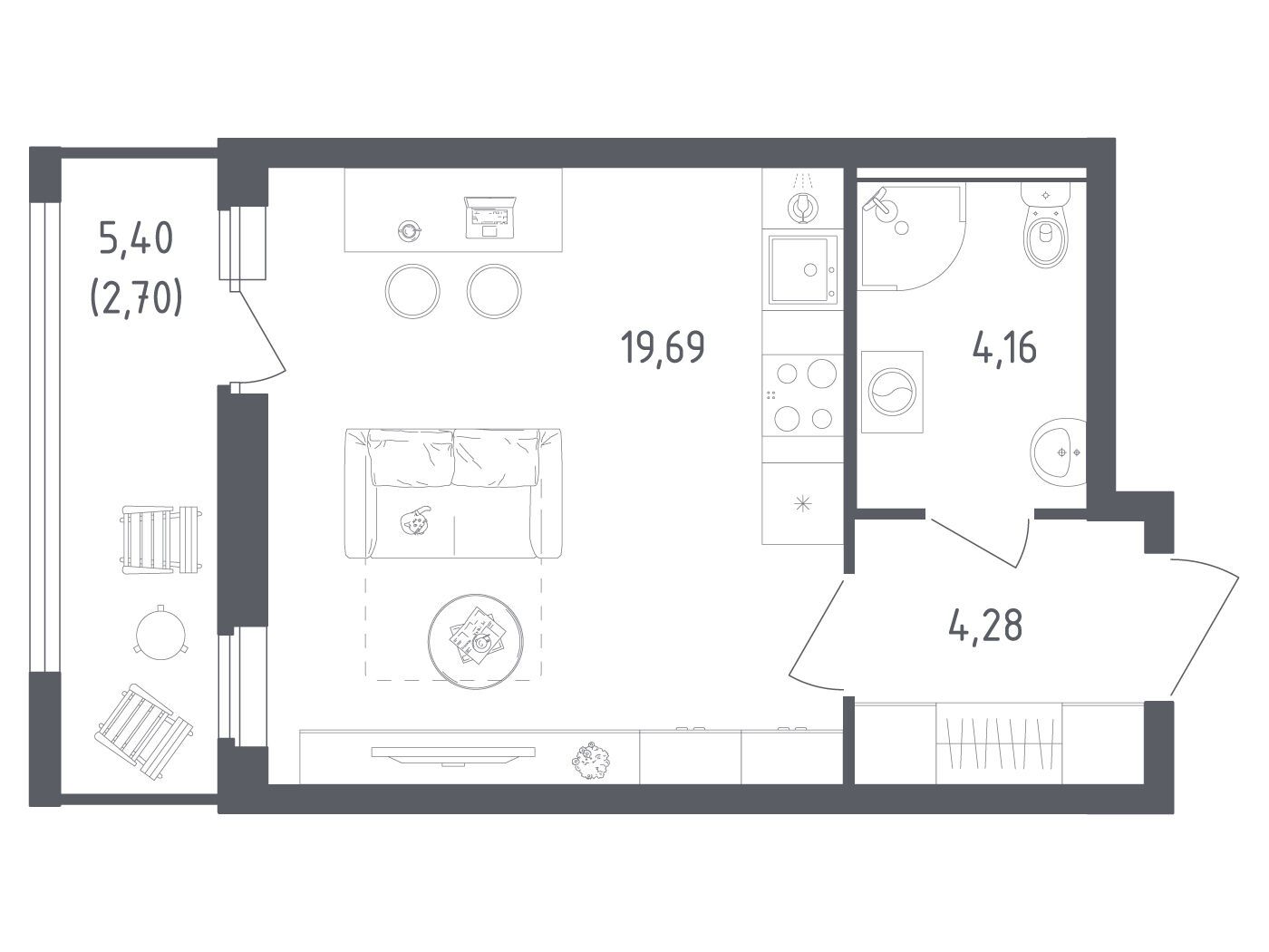 Планировка: Студия 30.83 м² в новостройке Южная Нева