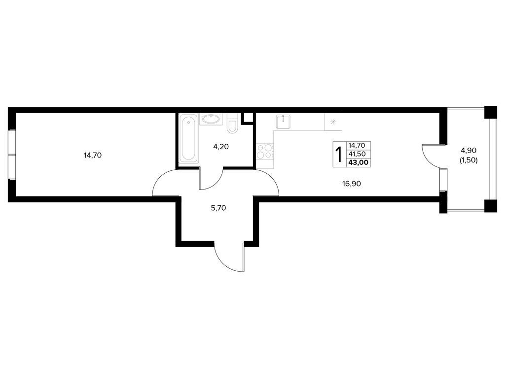 Планировка: 1-комн. квартира 43.00 м² в новостройке Кипарис