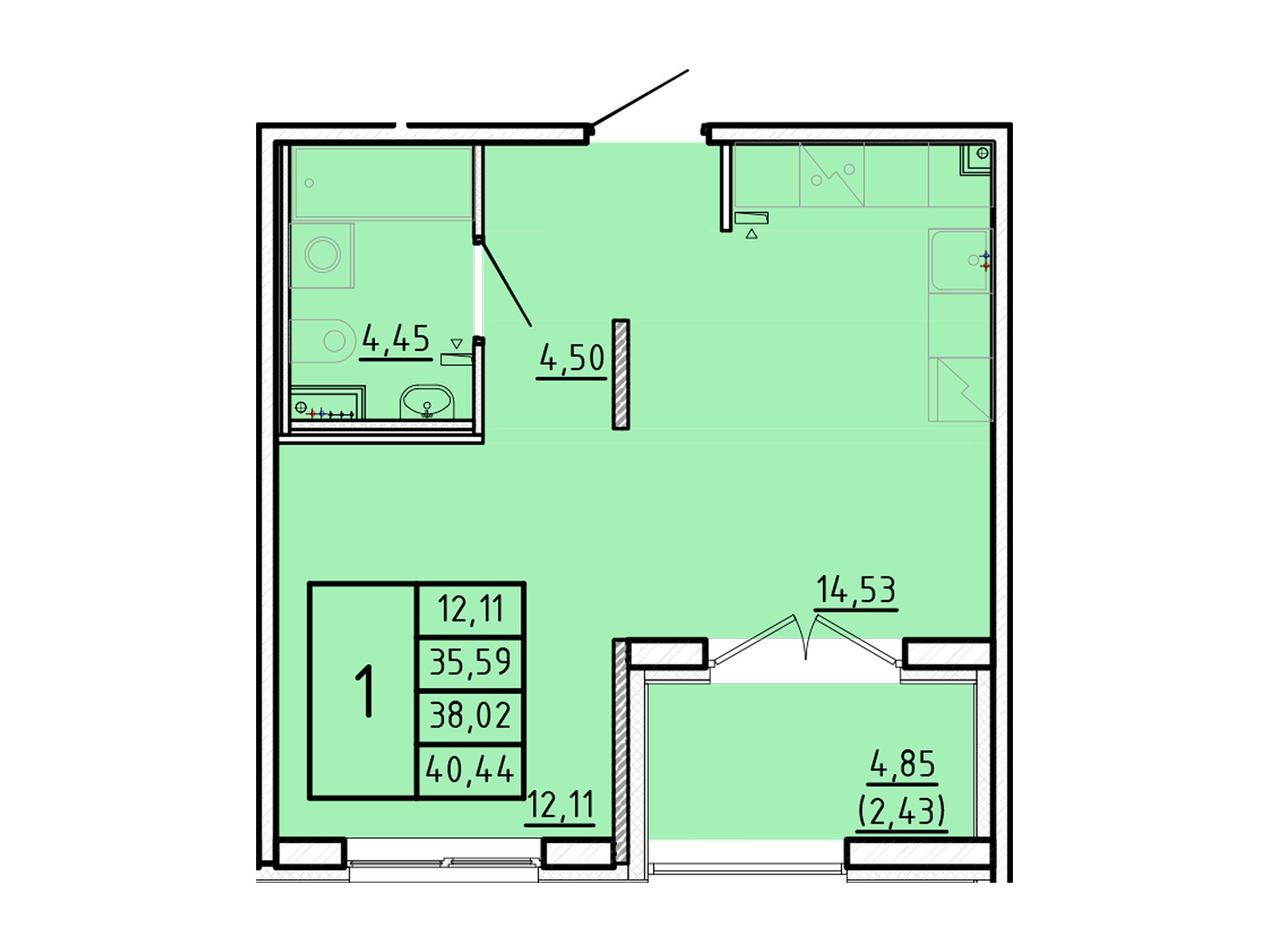 Планировка: 1-комн. квартира 35.59 м² в новостройке Образцовый квартал 16