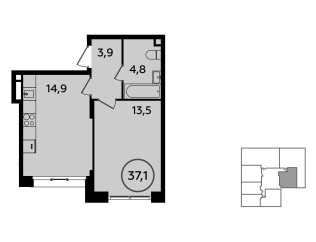 Планировка: 1-комн. квартира 37.10 м² в новостройке ЖК Прокшино