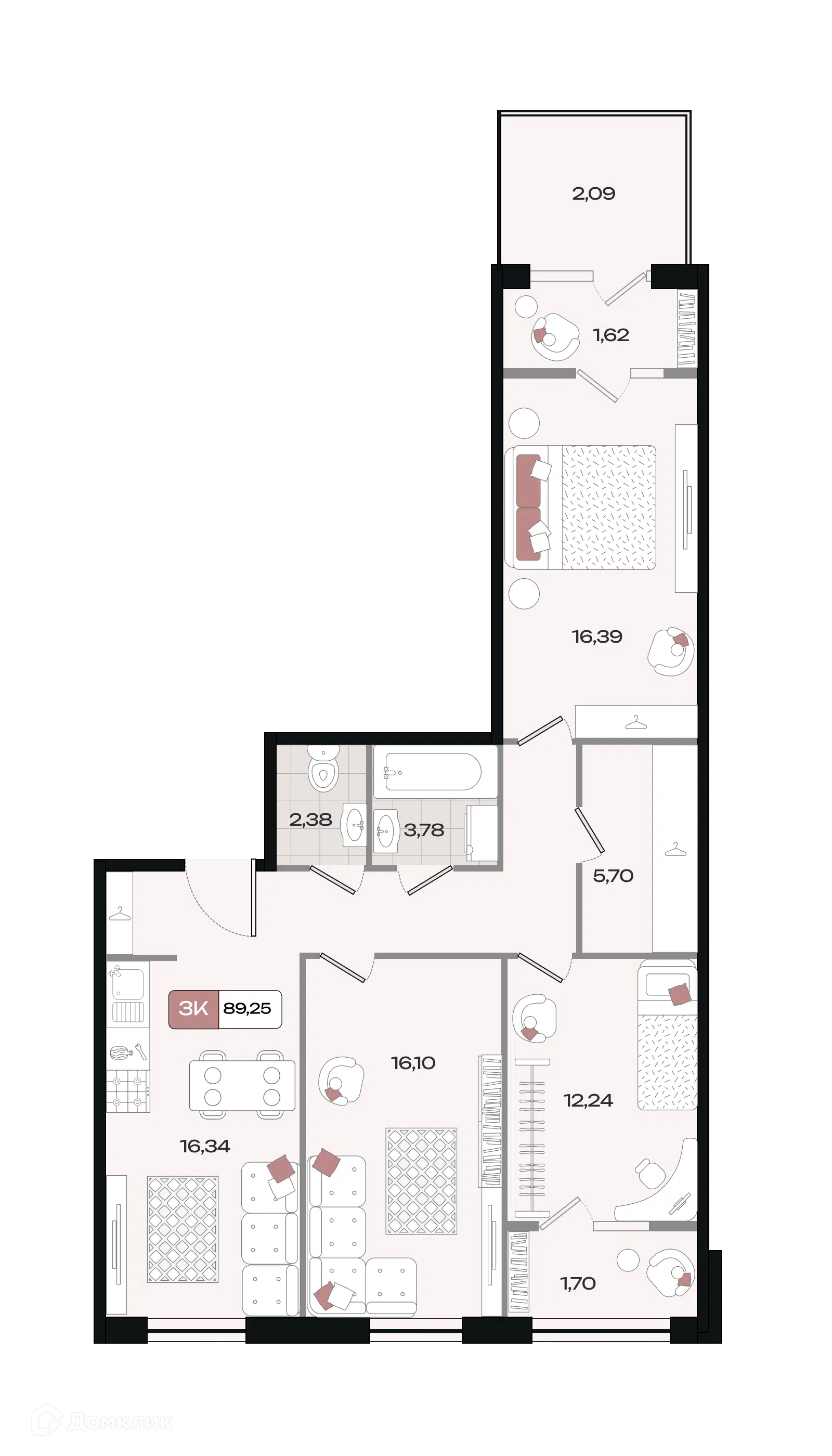 Планировка: 3-комн. квартира 89.25 м² в новостройке Коллекция