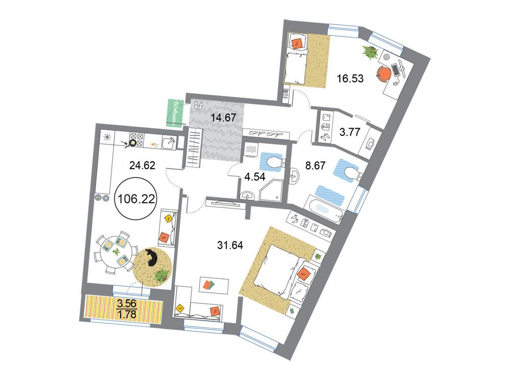 Планировка: 2-комн. квартира 106.22 м² в новостройке Модум