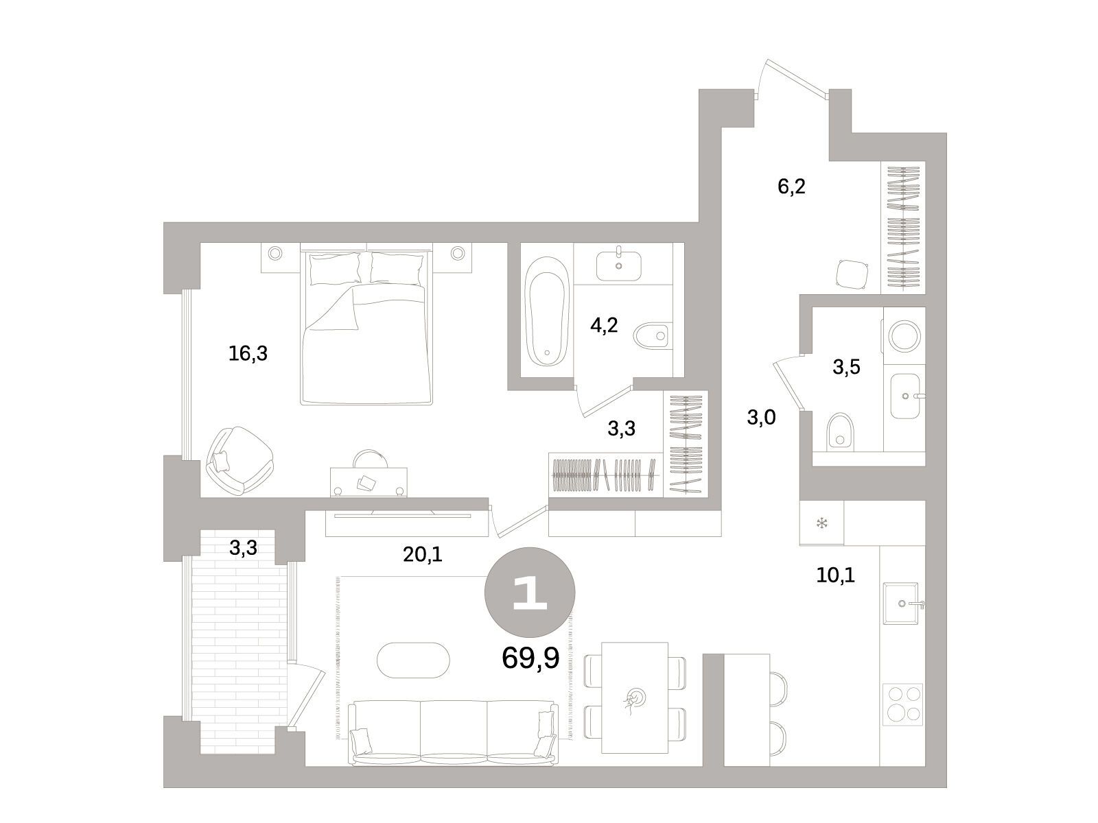 Планировка: 1-комн. квартира 69.90 м² в новостройке Северный ветер