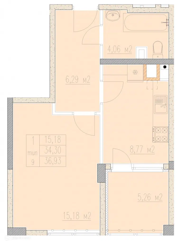 Планировка: 1-комн. квартира 36.93 м² в новостройке Агой-парк