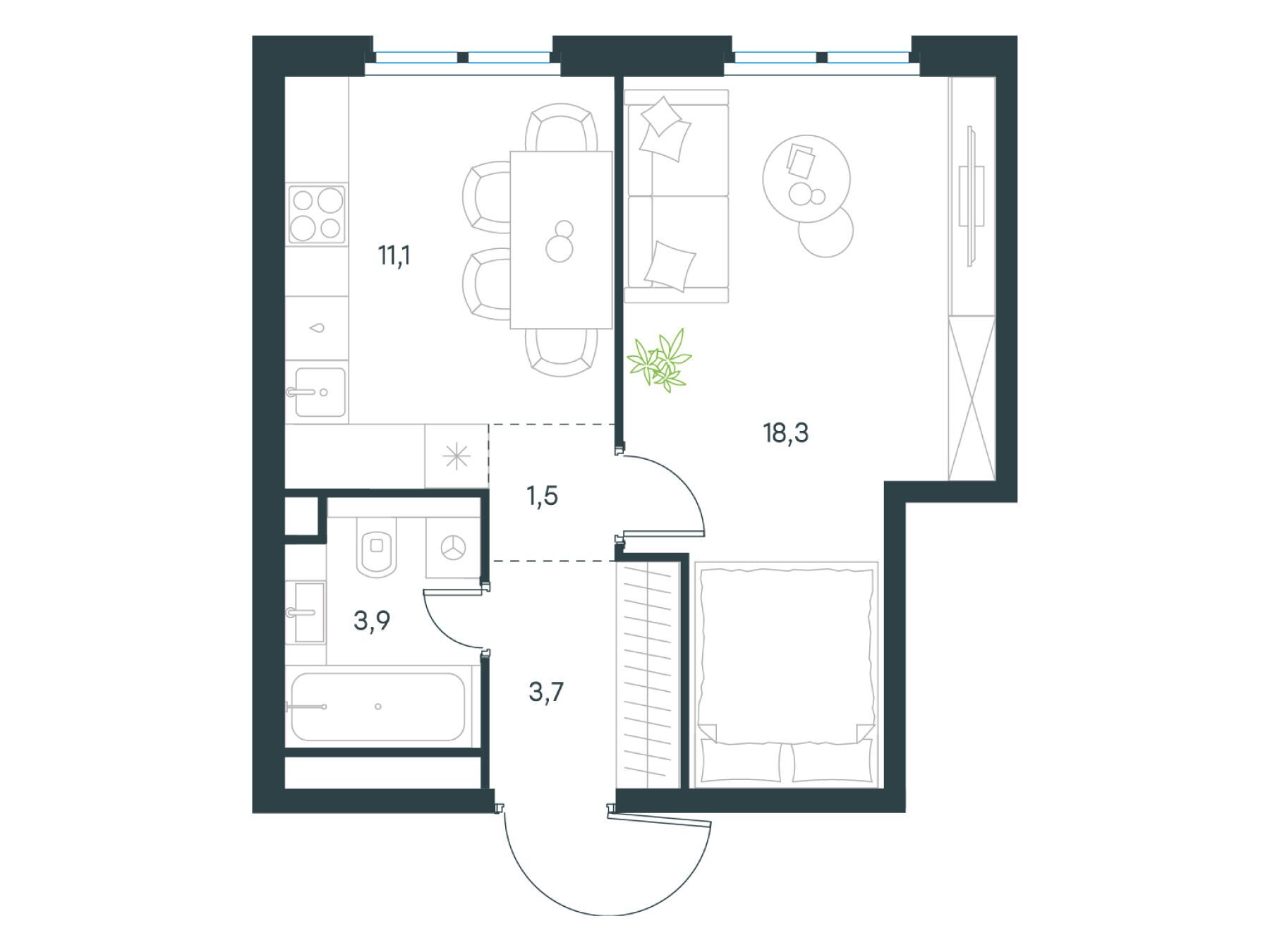 Планировка: 1-комн. квартира 38.50 м² в новостройке Левел Нижегородская