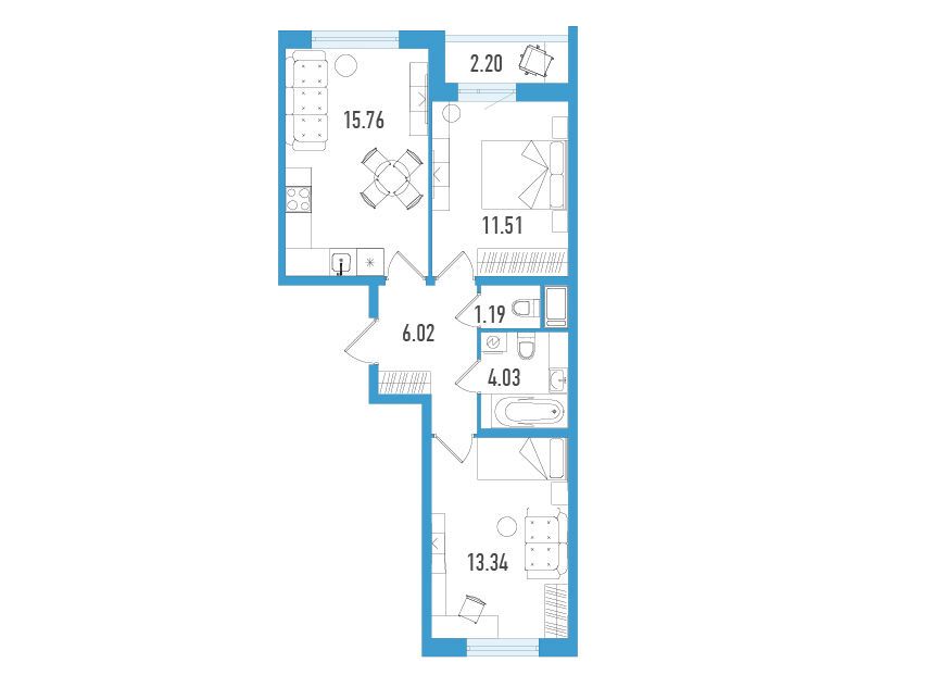 Планировка: 2-комн. квартира 52.51 м² в новостройке Южный форт