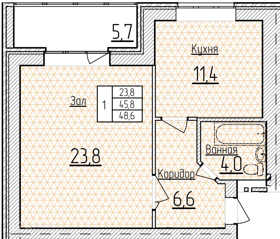 Планировка: 1-комн. квартира 48.60 м² в новостройке Фестивальный