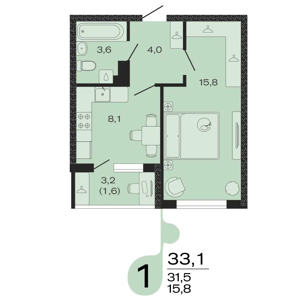 Планировка: 1-комн. квартира 33.10 м² в новостройке Эво