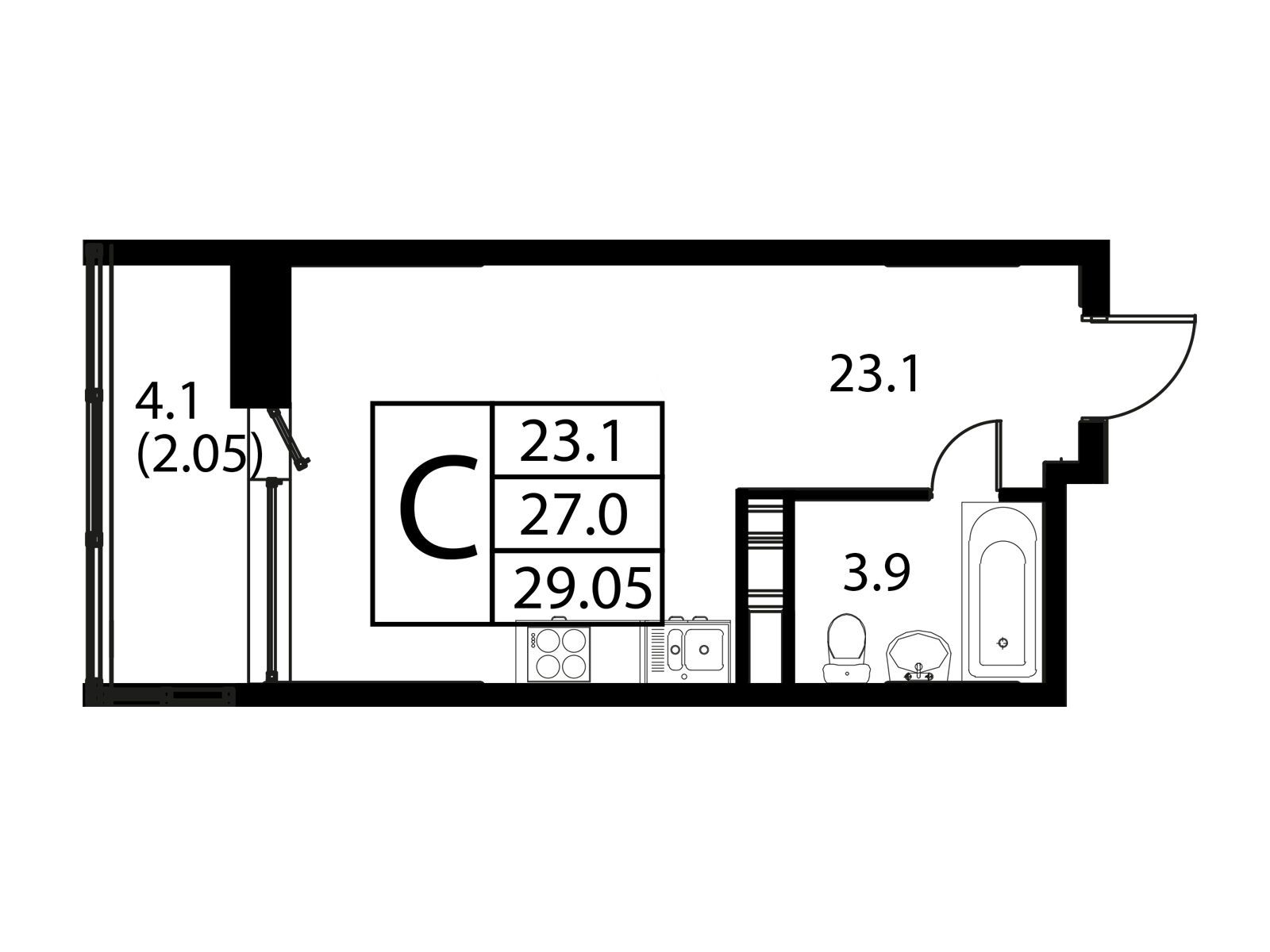 Планировка: Студия 29.05 м² в новостройке Космос