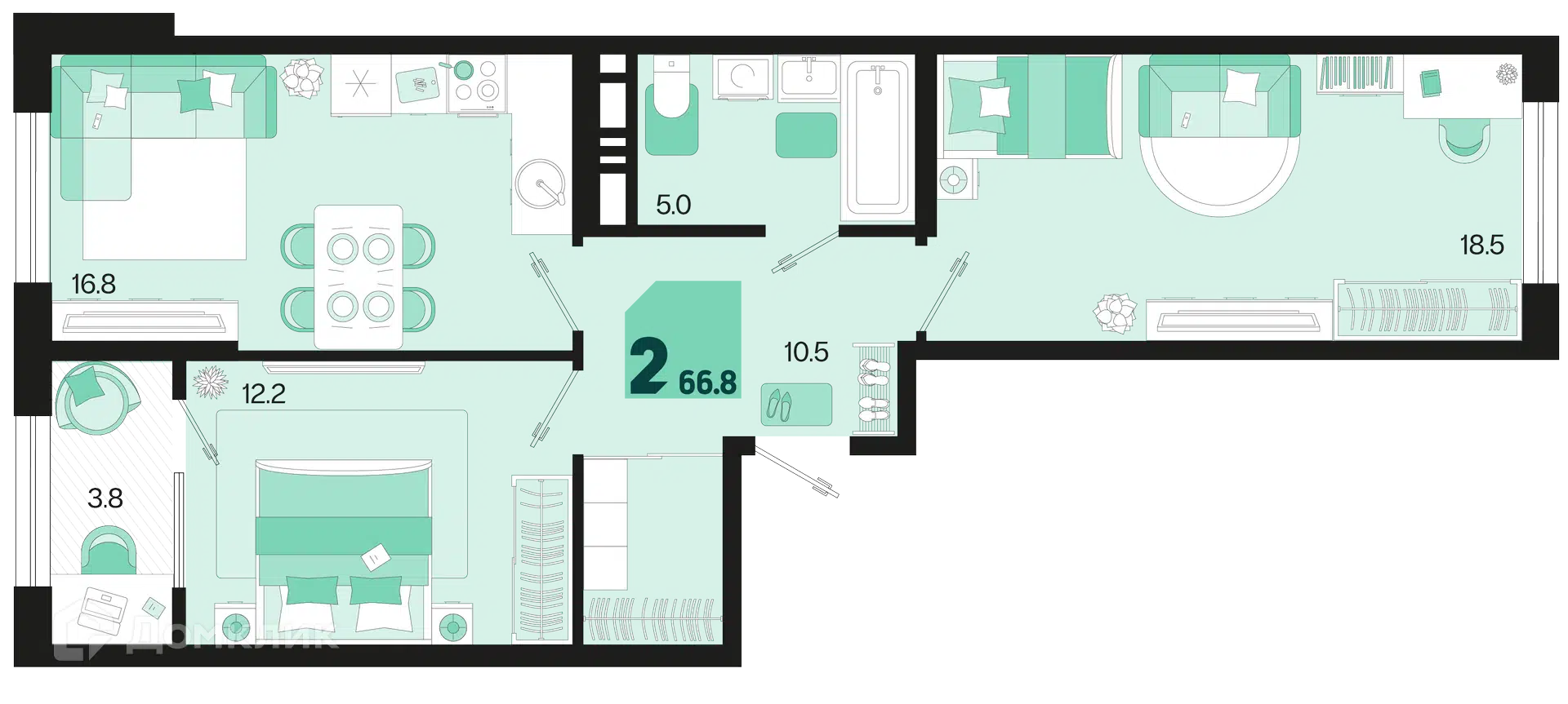 Планировка: 2-комн. квартира 66.80 м² в новостройке Первое место