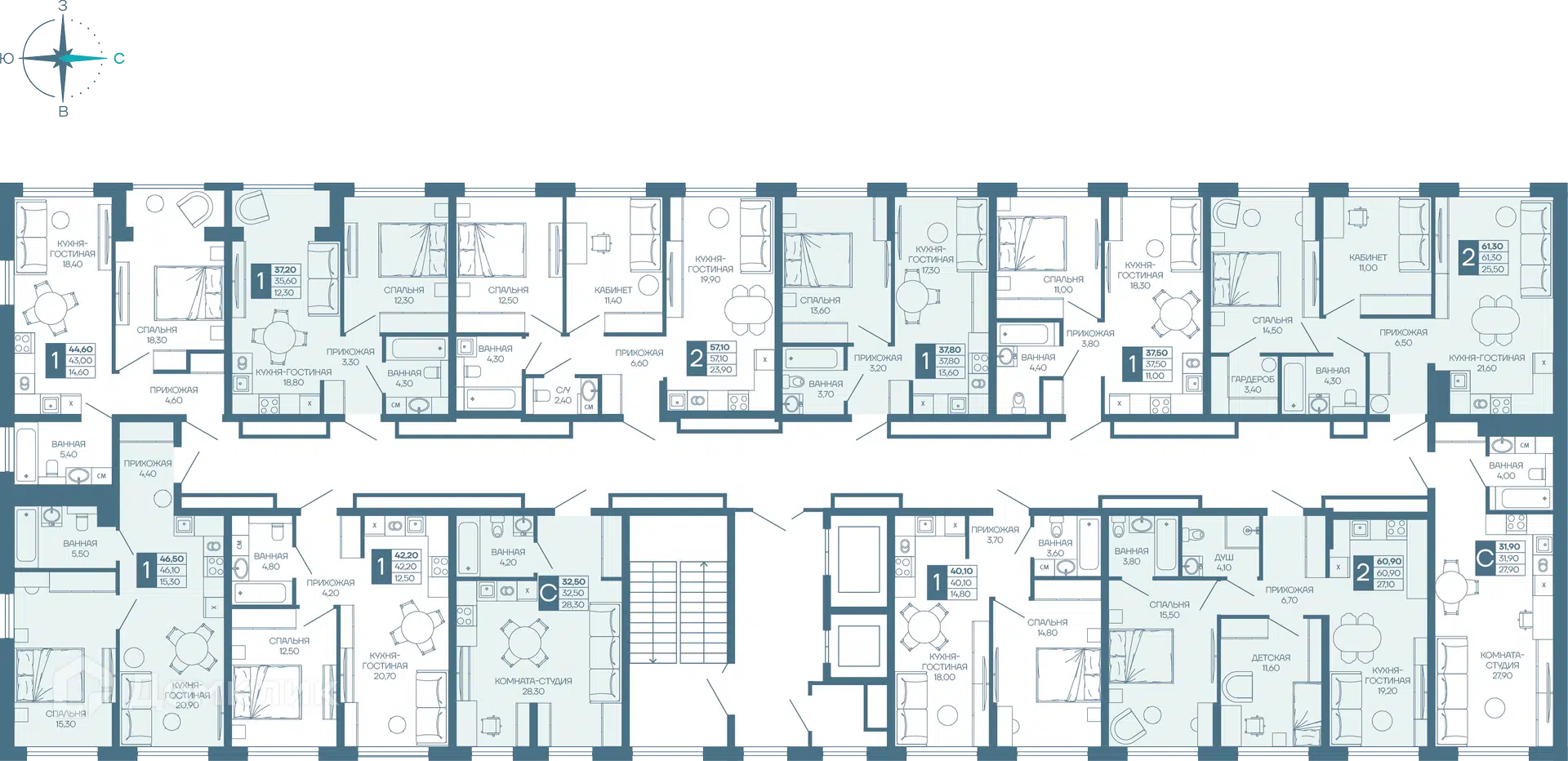 Планировка: 1-комн. квартира 43.79 м² в новостройке Иначе в Молодежном