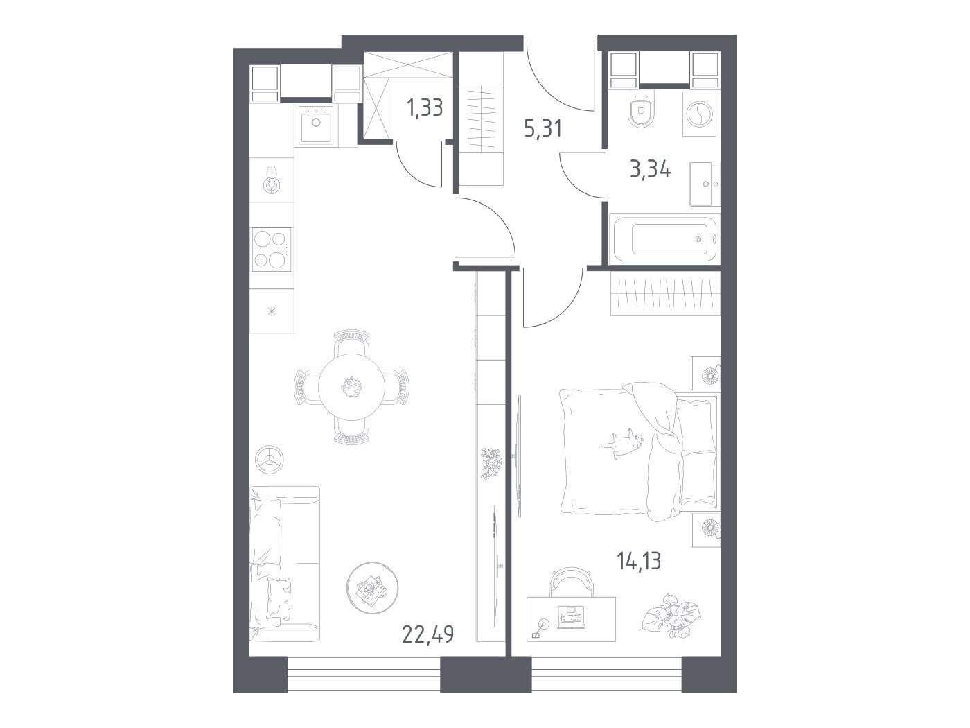 Планировка: 1-комн. квартира 46.60 м² в новостройке Пятницкое 58