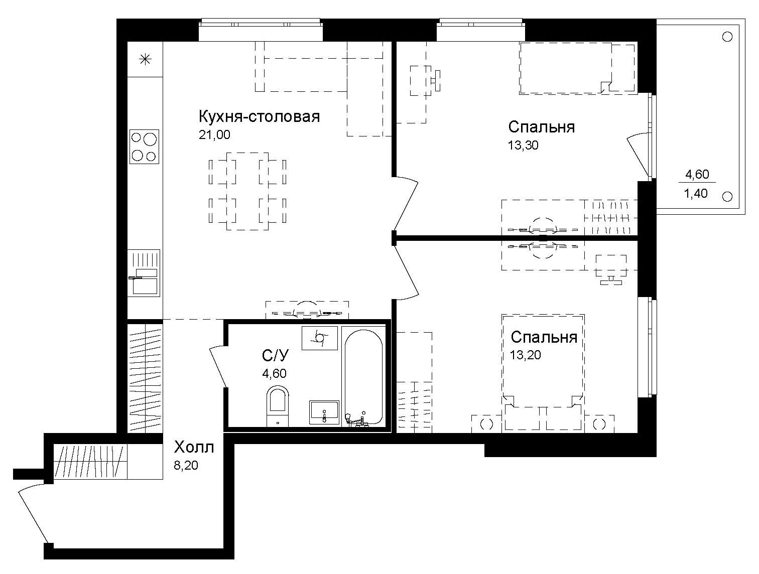 Планировка: 2-комн. квартира 61.70 м² в новостройке Новая Дубровка
