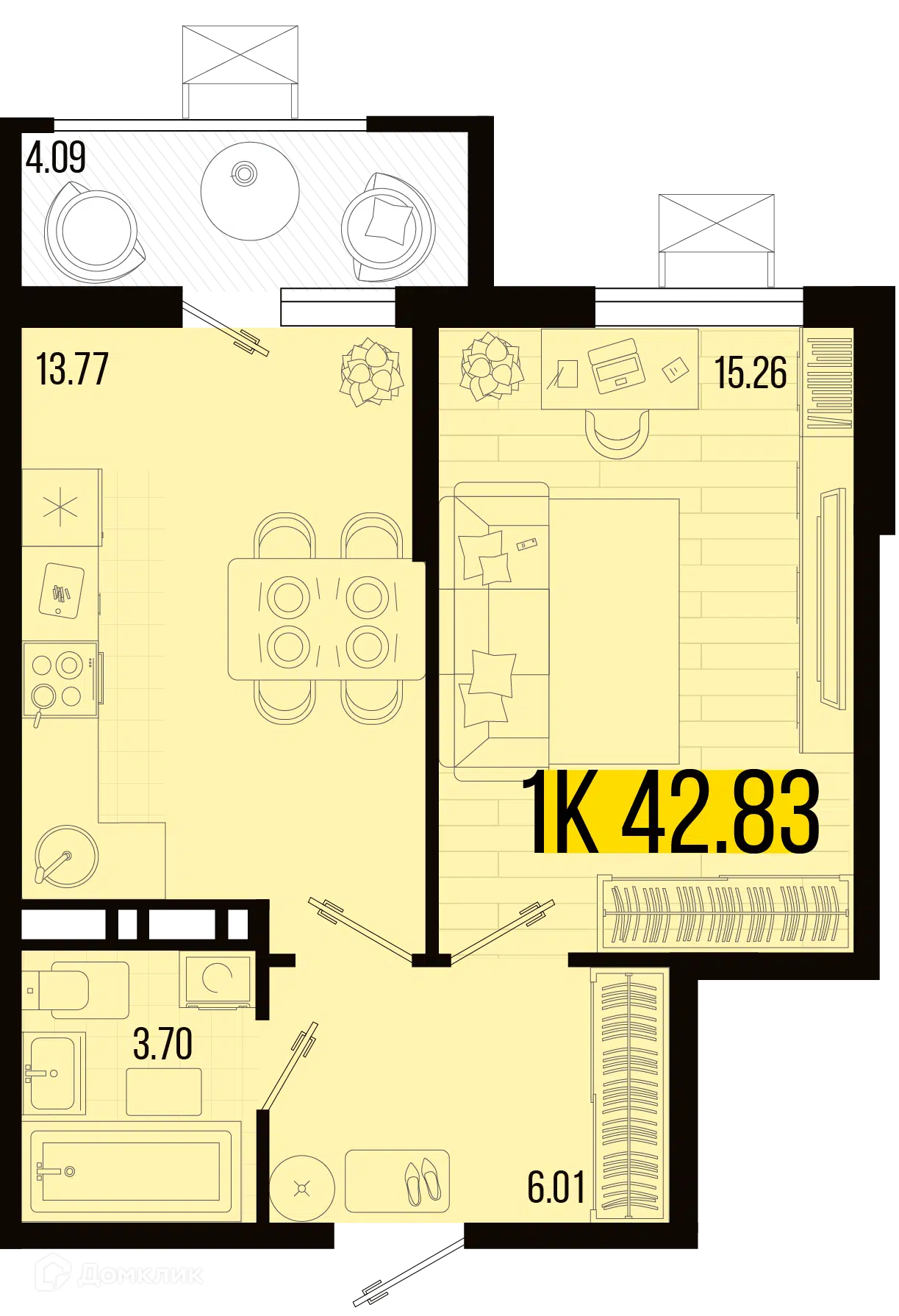 Планировка: 1-комн. квартира 38.74 м² в новостройке Цветной бульвар
