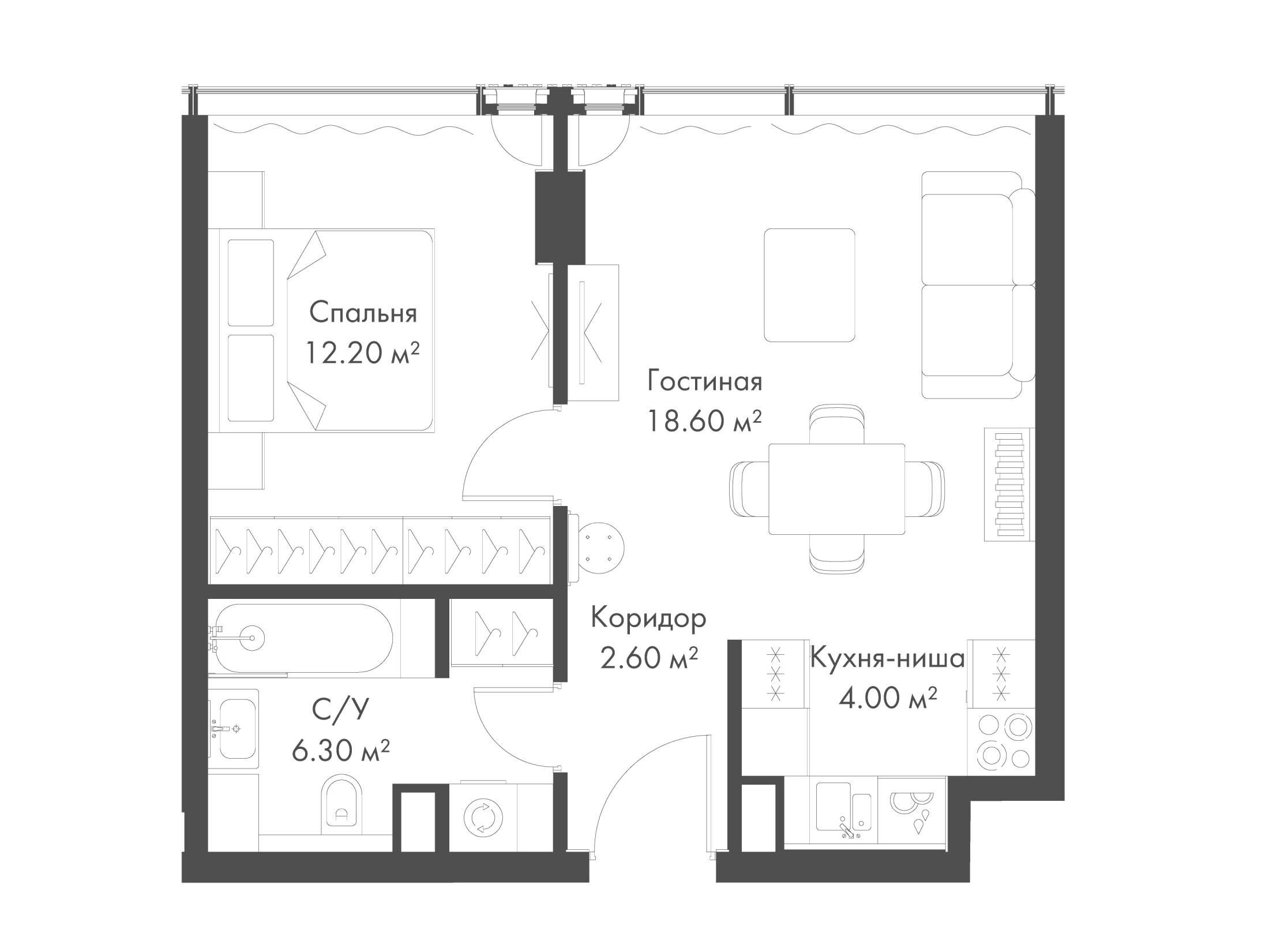 Планировка: 1-комн. квартира 43.70 м² в новостройке Слава