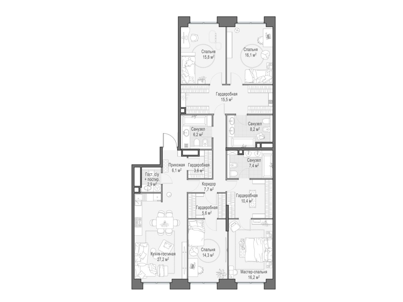 Планировка: 4-комн. квартира 163.80 м² в новостройке Лайф тайм