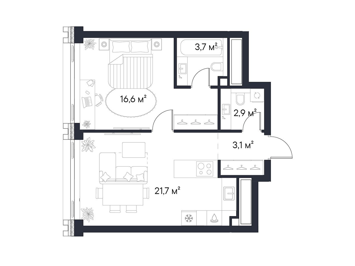 Планировка: 1-комн. квартира 48.00 м² в новостройке Первый Нагатинский