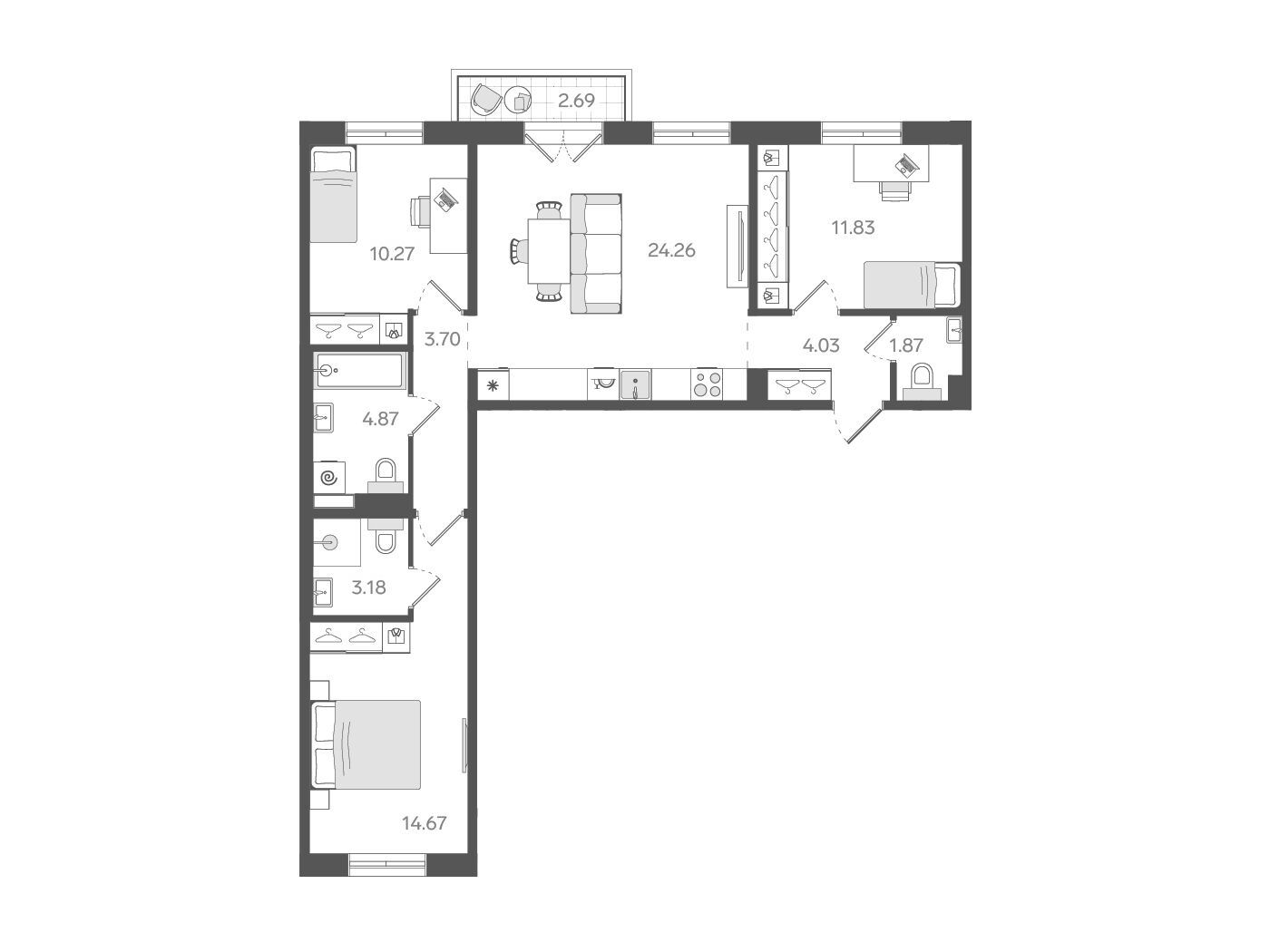 Планировка: 3-комн. квартира 79.50 м² в новостройке Ставни Обводный