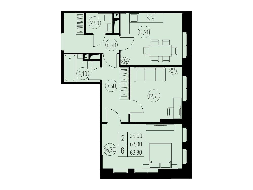 Планировка: 2-комн. квартира 63.80 м² в новостройке 31 квартал