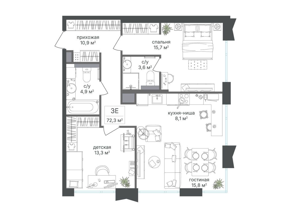 Планировка: 2-комн. квартира 72.30 м² в новостройке Петровский парк II