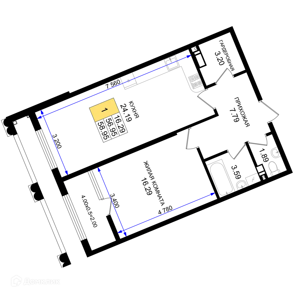 Планировка: 1-комн. квартира 58.95 м² в новостройке Резиденция морей