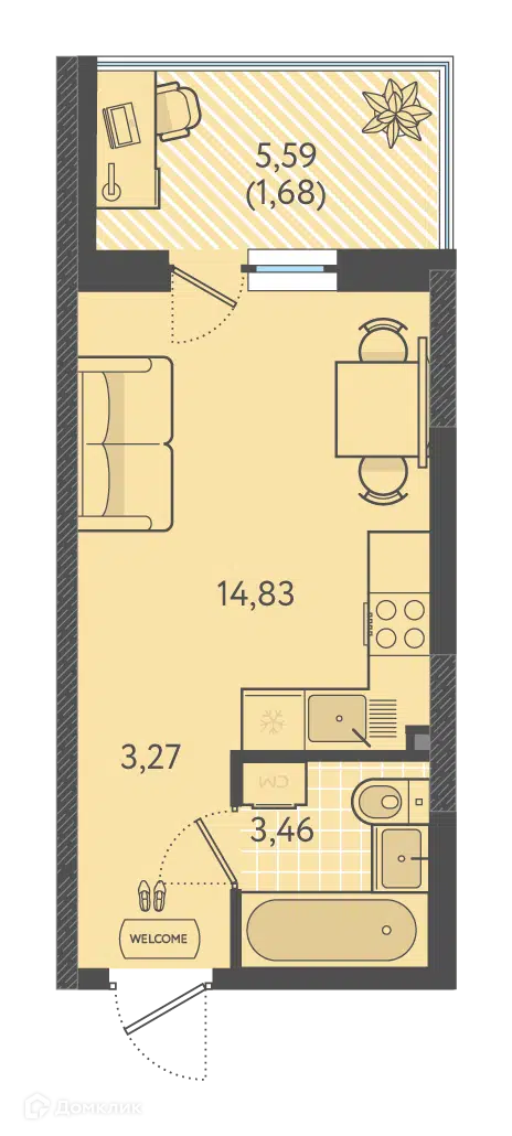 Планировка: Студия 22.75 м² в новостройке Теплые Края 1 очередь