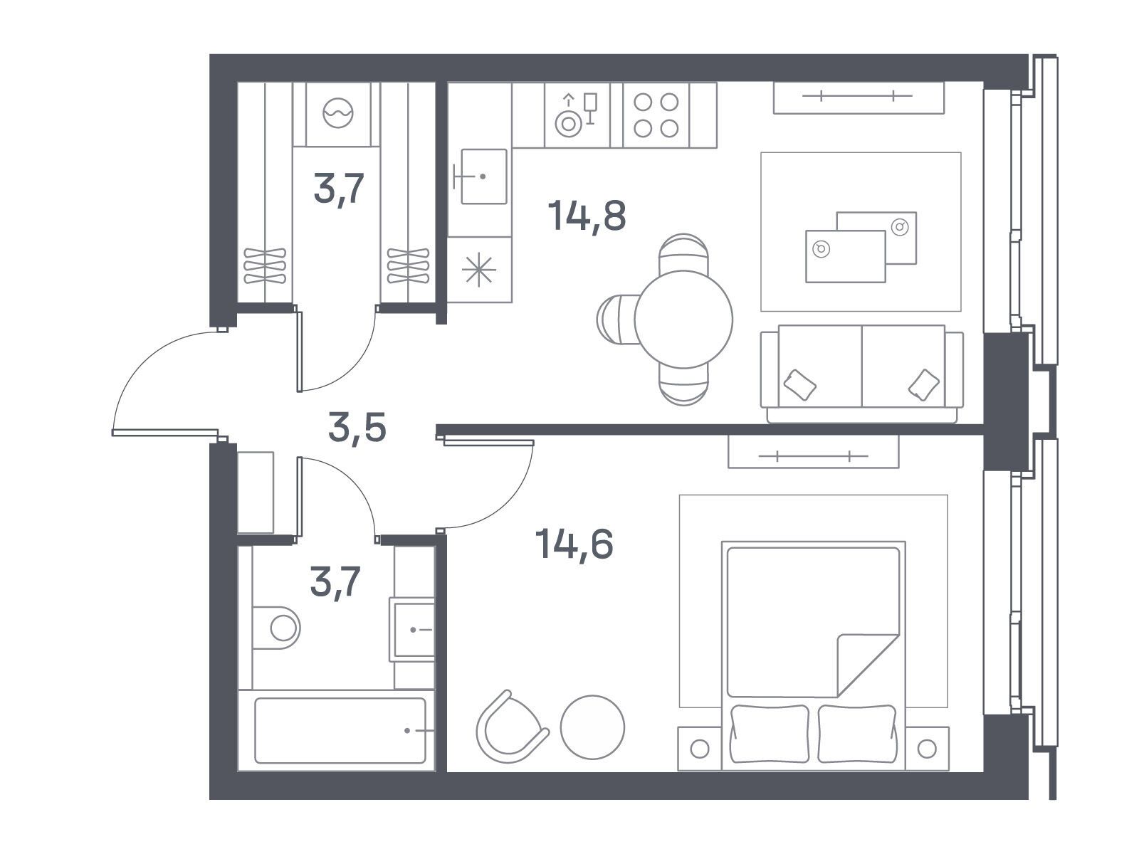 Планировка: 1-комн. квартира 40.30 м² в новостройке ЖК Портленд. Дом на берегу