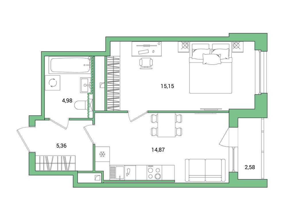 Планировка: 1-комн. квартира 41.65 м² в новостройке Окла