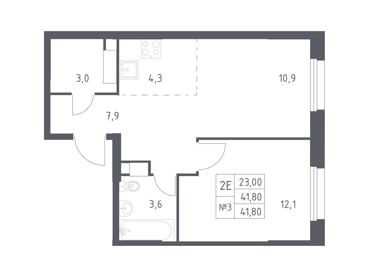 Планировка: 1-комн. квартира 40.80 м² в новостройке Эко Бунино