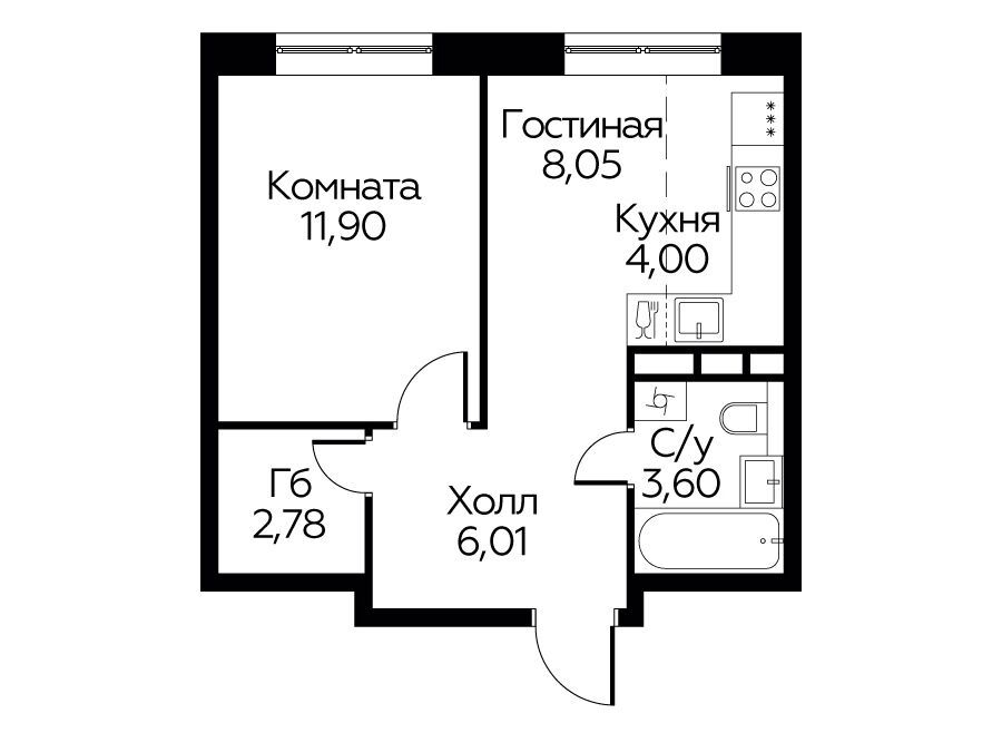 Планировка: 1-комн. квартира 36.34 м² в новостройке Цветочные поляны