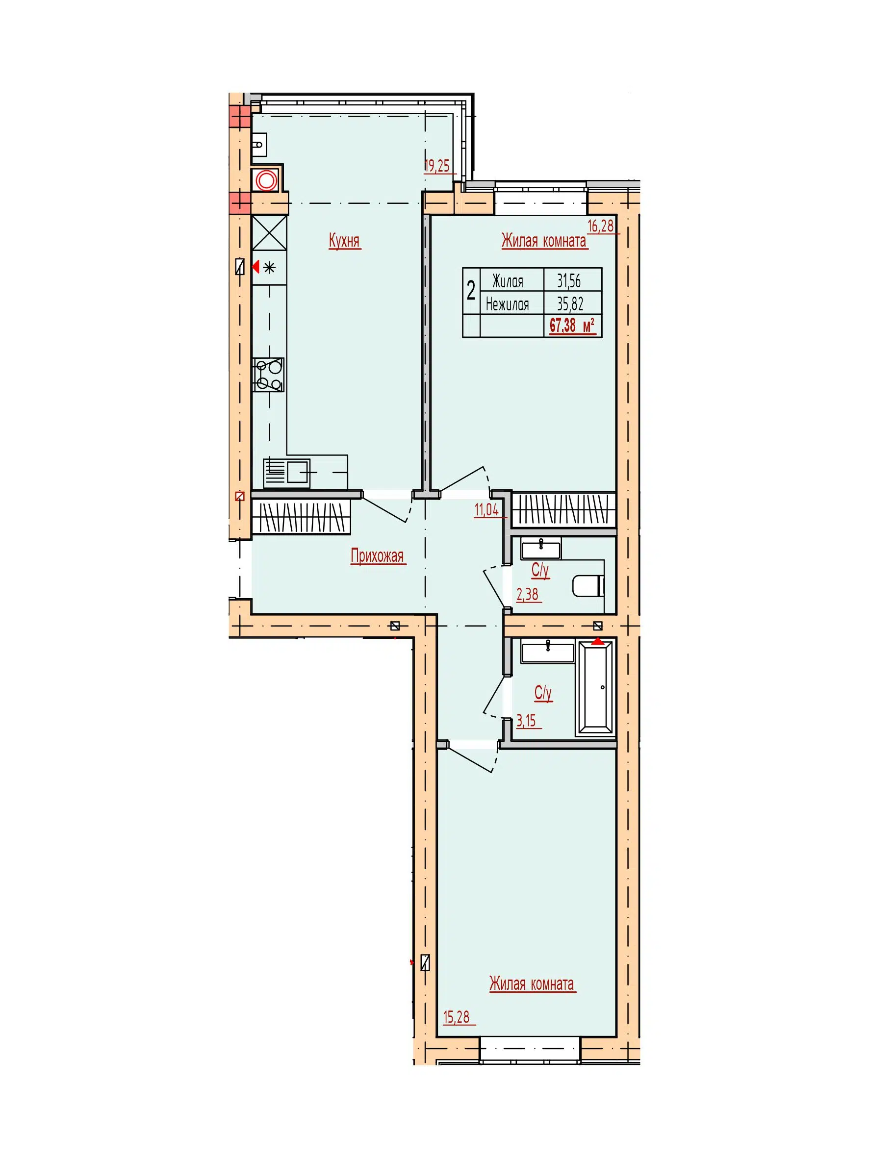 Планировка: 2-комн. квартира 67.38 м² в новостройке По ул. Радонежская