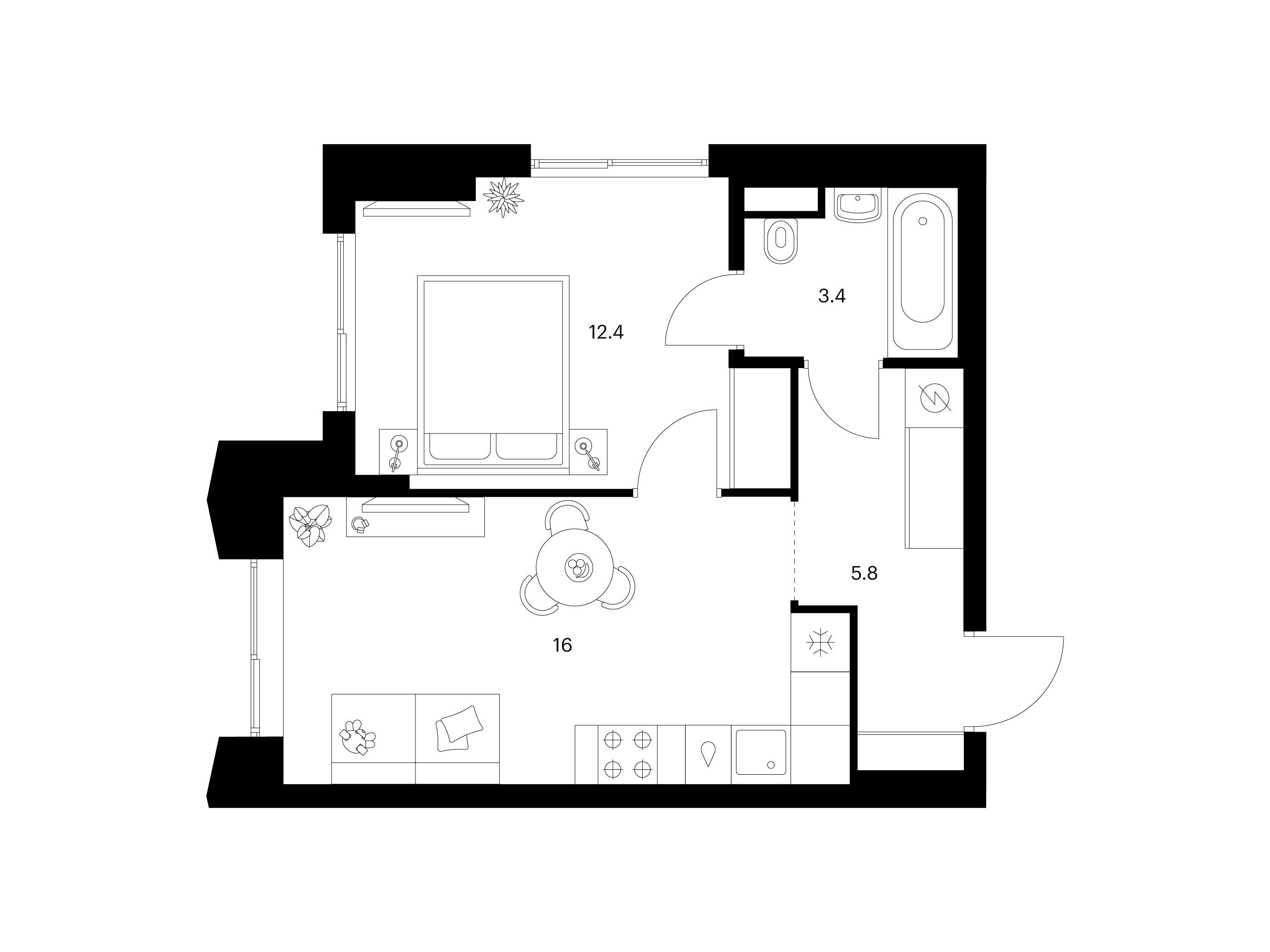 Планировка: 1-комн. квартира 37.60 м² в новостройке Матвеевский парк