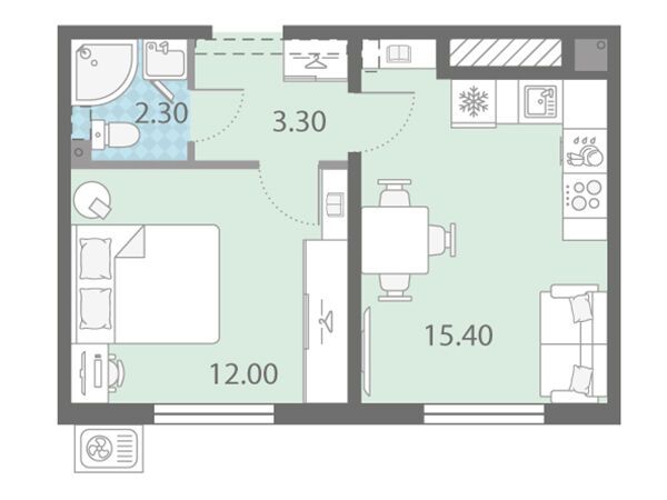 Планировка: 1-комн. квартира 33.00 м² в новостройке Ржевский парк