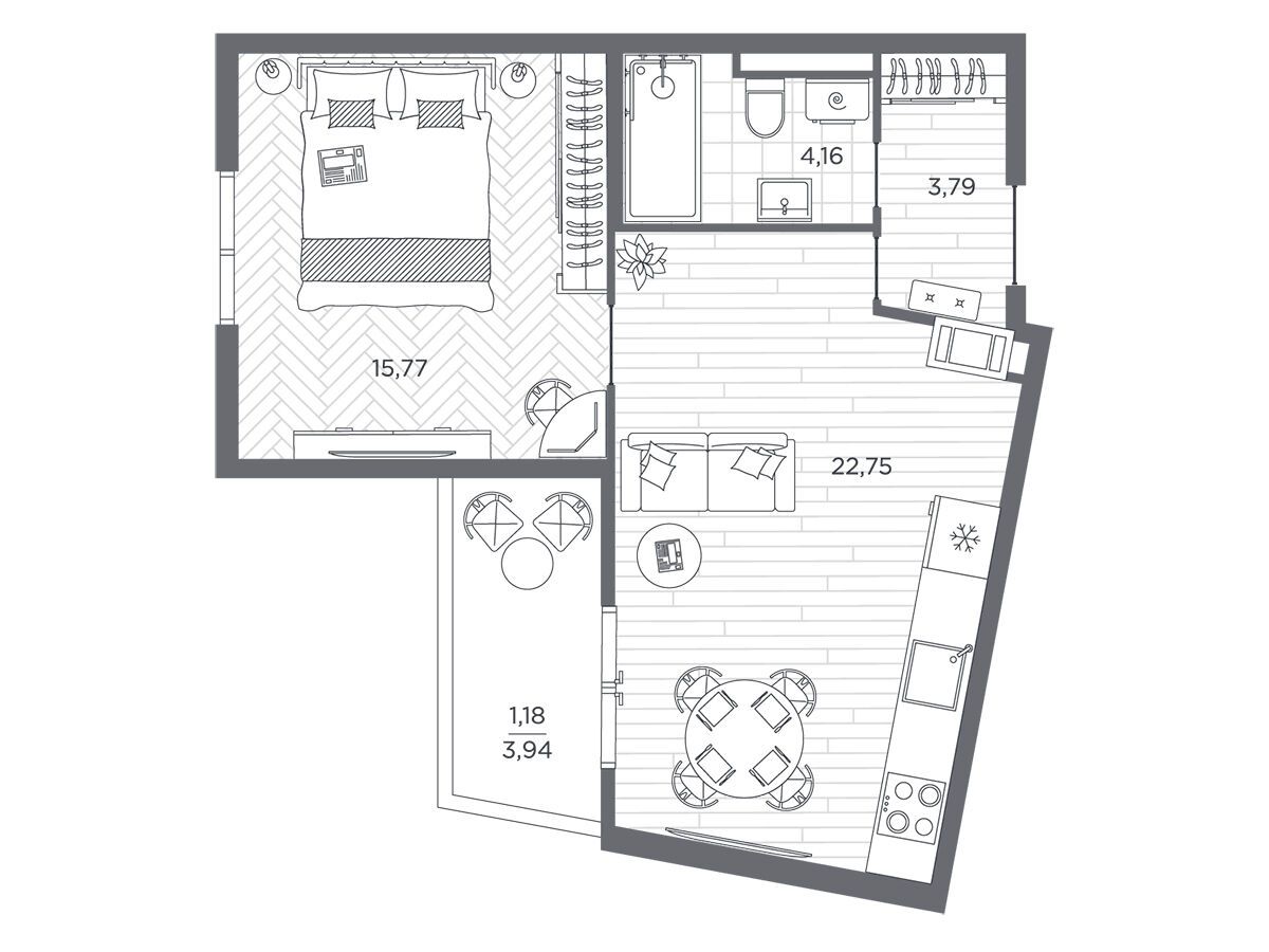 Планировка: 1-комн. квартира 47.80 м² в новостройке Бакунина 33