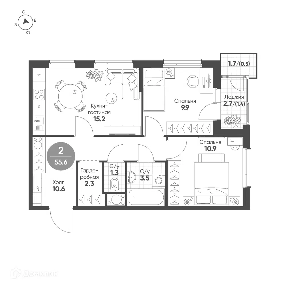 Планировка: 2-комн. квартира 55.60 м² в новостройке Зеленая Река