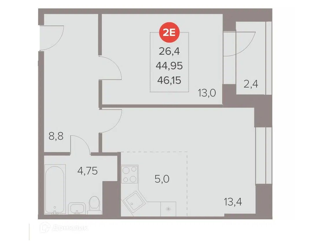 Планировка: 2-комн. квартира 46.90 м² в новостройке Отлично