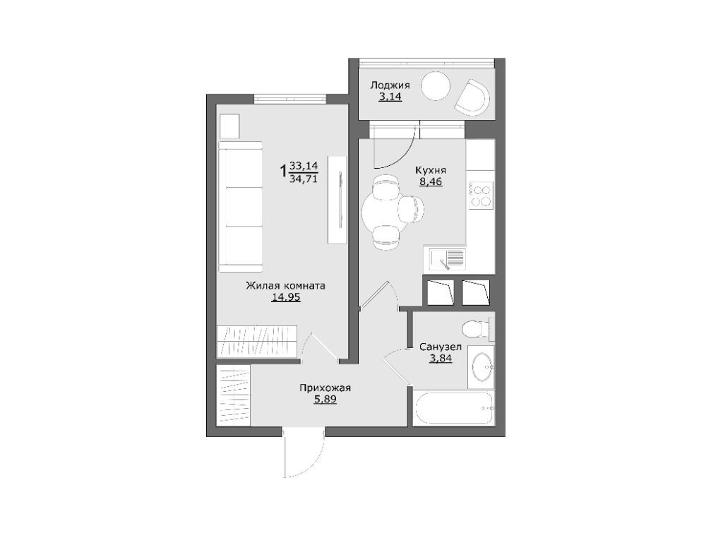 Планировка: 1-комн. квартира 34.71 м² в новостройке Клевер