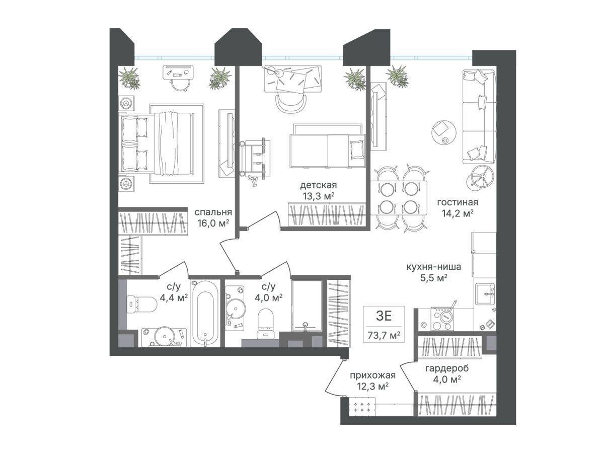 Планировка: 2-комн. квартира 73.70 м² в новостройке Петровский парк II