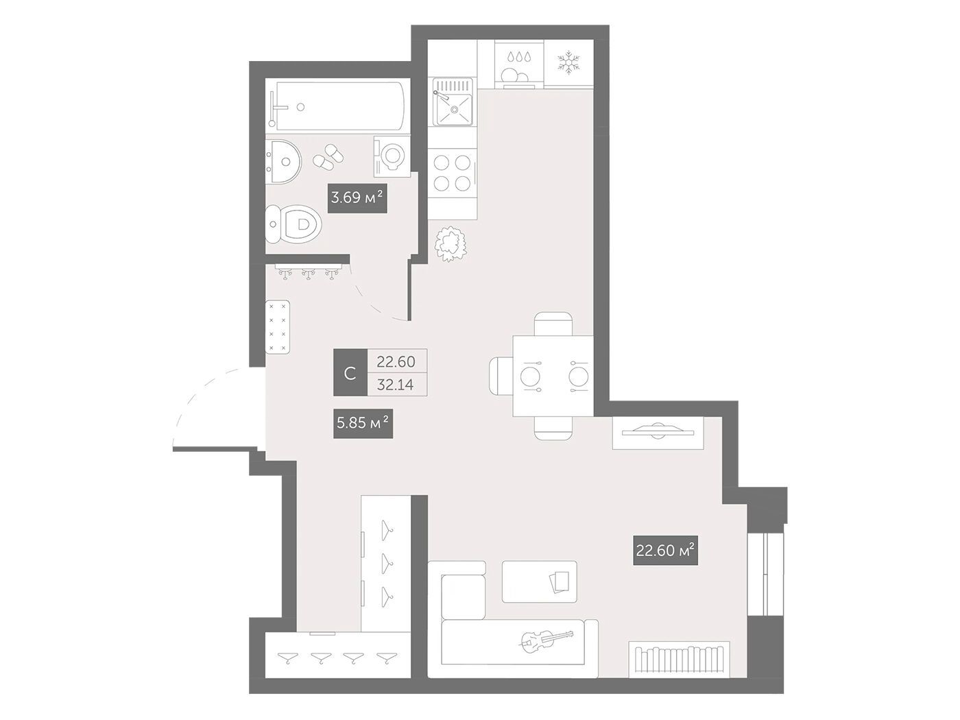 Планировка: Студия 33.30 м² в новостройке Зум Черная речка