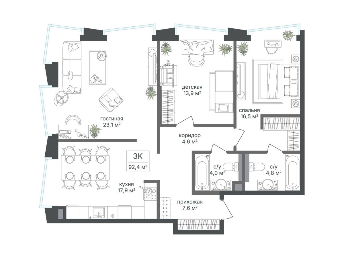Планировка: 3-комн. квартира 92.40 м² в новостройке Петровский парк II