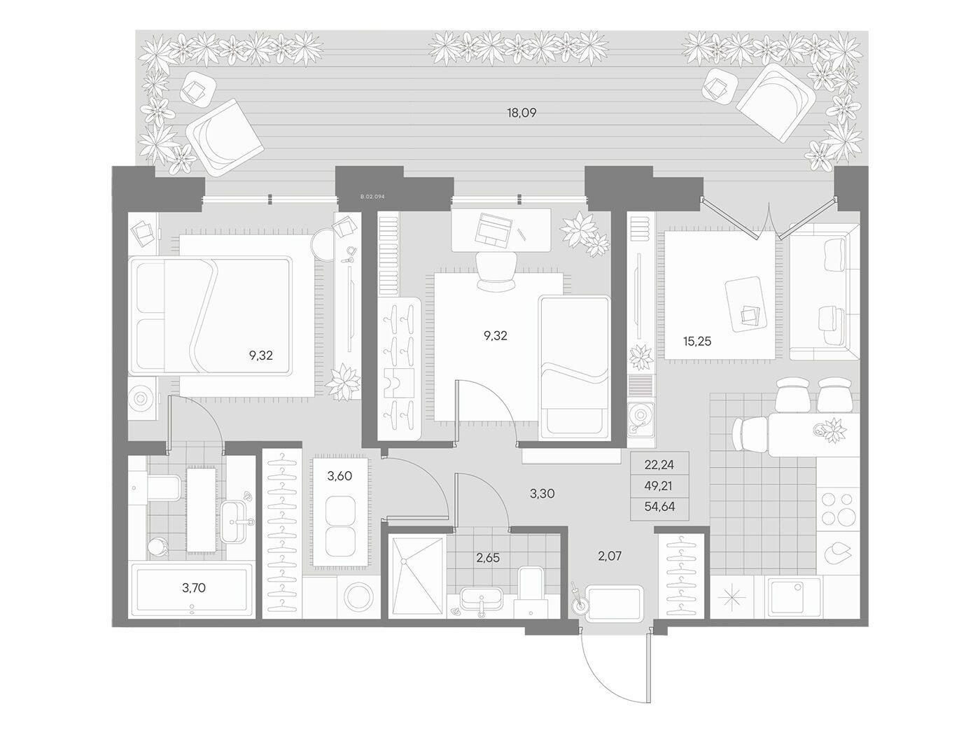 Планировка: 2-комн. квартира 54.64 м² в новостройке Альпен