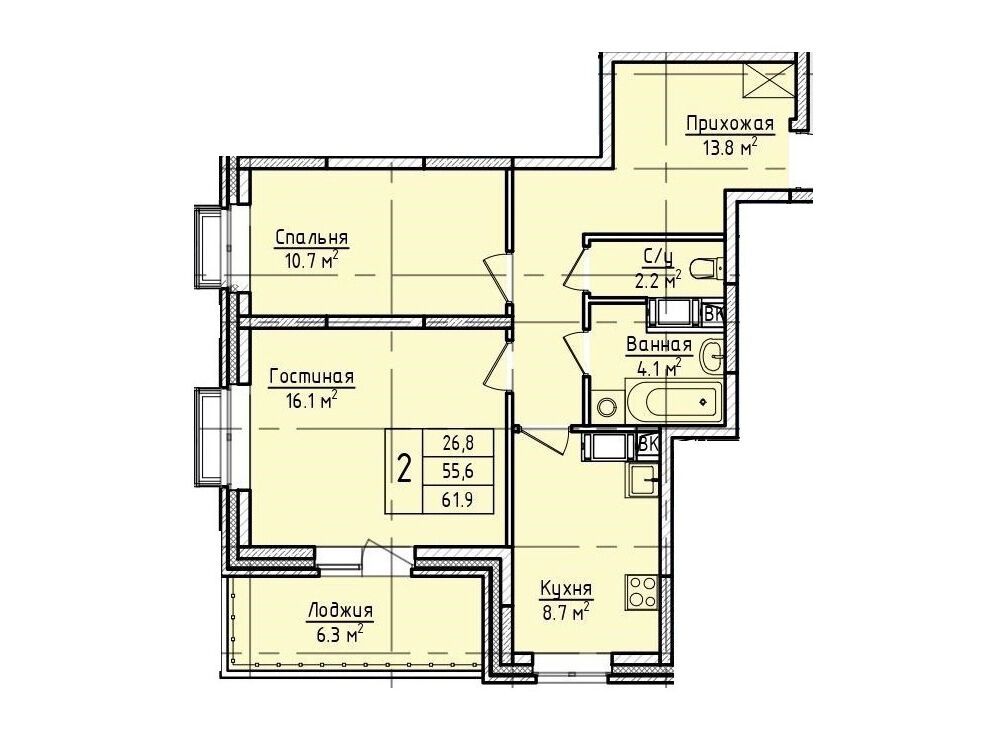 Планировка: 2-комн. квартира 61.90 м² в новостройке Пустовский