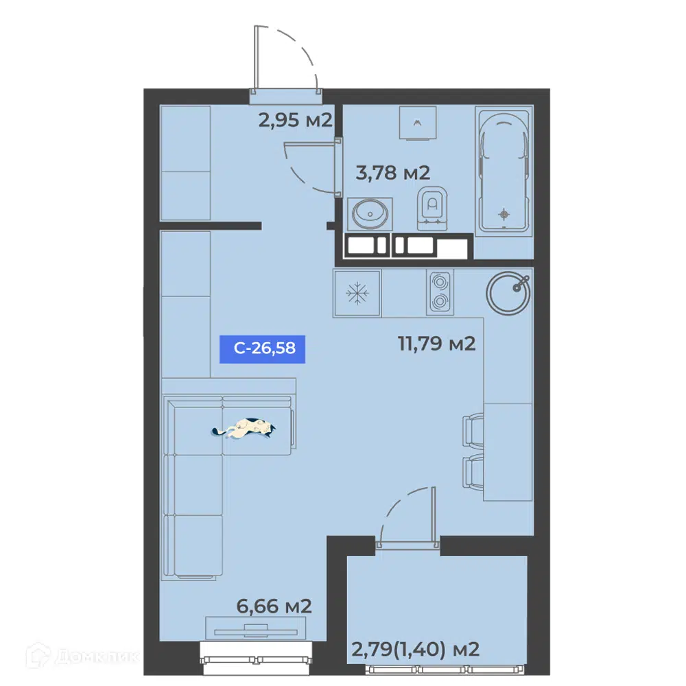 Планировка: Студия 26.58 м² в новостройке Соловей