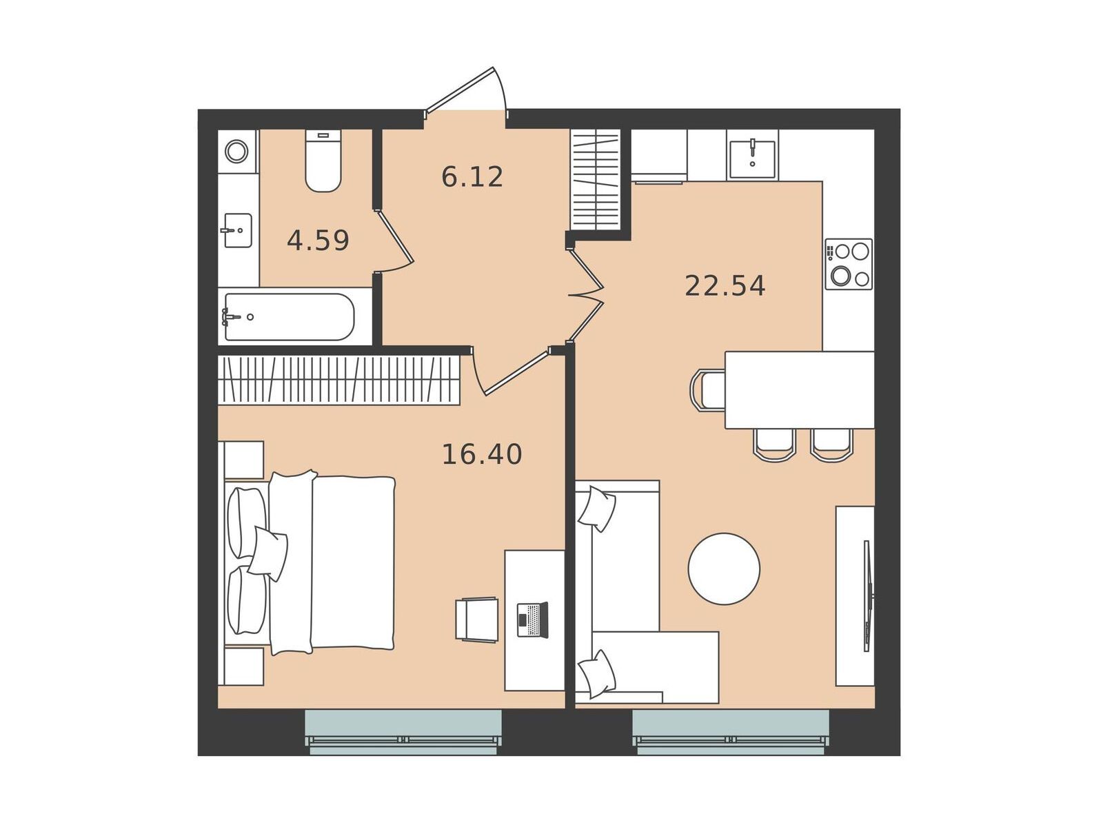 Планировка: 1-комн. квартира 49.65 м² в новостройке Мишино-2