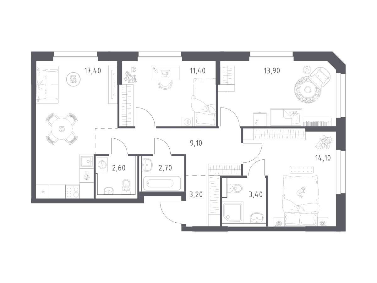 Планировка: 3-комн. квартира 77.80 м² в новостройке Химки парк
