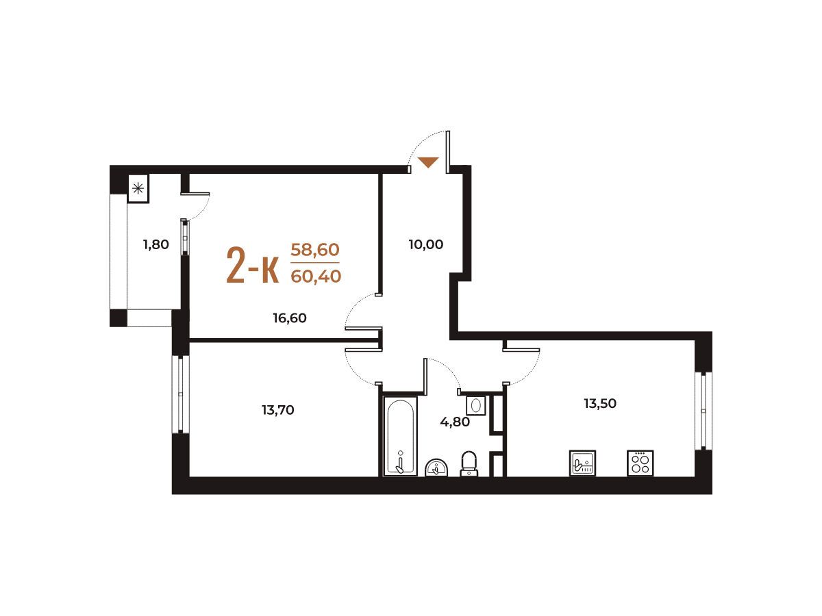 Планировка: 2-комн. квартира 60.40 м² в новостройке Новое Летово