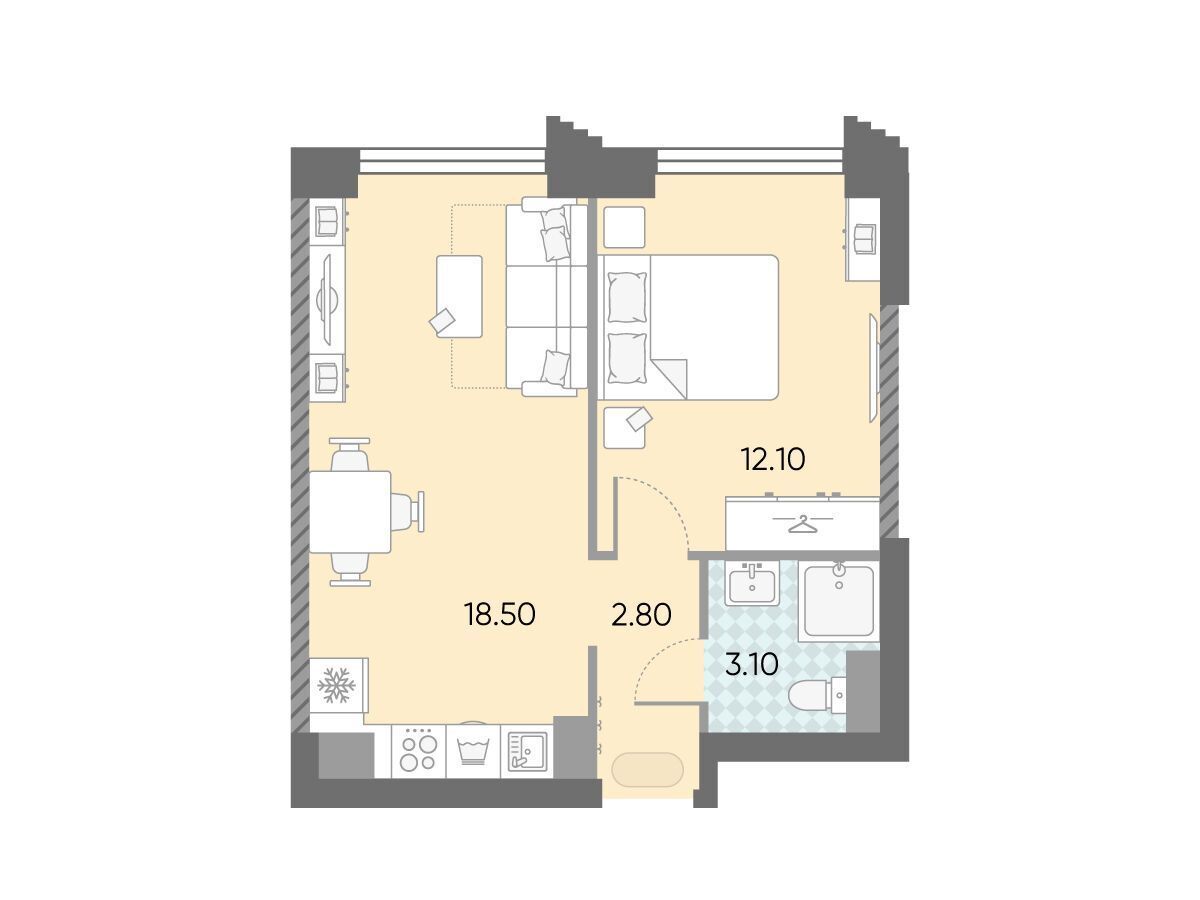 Планировка: 1-комн. квартира 36.50 м² в новостройке Обручева 30