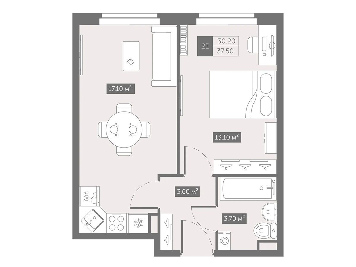 Планировка: 1-комн. квартира 37.50 м² в новостройке Зум на Неве
